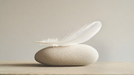 Single feather balanced on a smooth pebble against a neutral background for a sense of lightness and balance