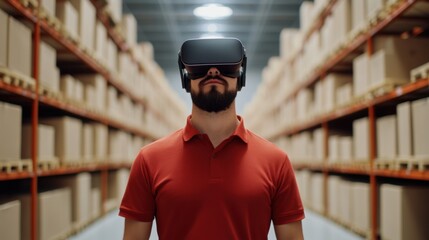 A man wearing a VR headset stands in a warehouse full of stacked boxes, merging technology with an industrial setting.