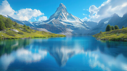 Scenic views of the blue lake with Matterhorn under sunny skies in Italy