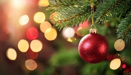 Fototapeta premium Red Christmas ornaments hanging on a green Christmas tree with a blurred background of golden lights
