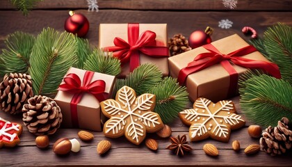 Rustic wooden background with Christmas decorations such as pine branches, pine nuts, gift boxes with red ribbons and gingerbread snowflake cookies.