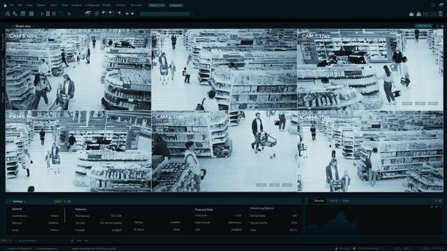 Mock-up CCTV Footage in Supermarket: People Shopping in a Grocery Store. Multiple Camera Shows Customers Browsing Shelves, Pushing Carts, and Moving Through the Store's Layout.