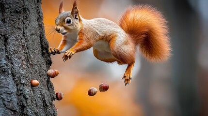 A red squirrel leaps from a tree trunk, with a scattering of nuts falling behind it.