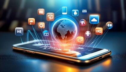 Smartphones display a holographic world surrounded by application icons and app usage.