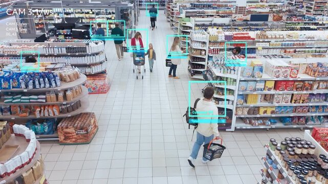AI-powered Mock-up CCTV Footage in Supermarket: People Shopping in a Grocery Store. Multiple Camera Detect Suspicious Crime Activity, Activates Theft Prevention Identity Analysis. 360 Camera at Work
