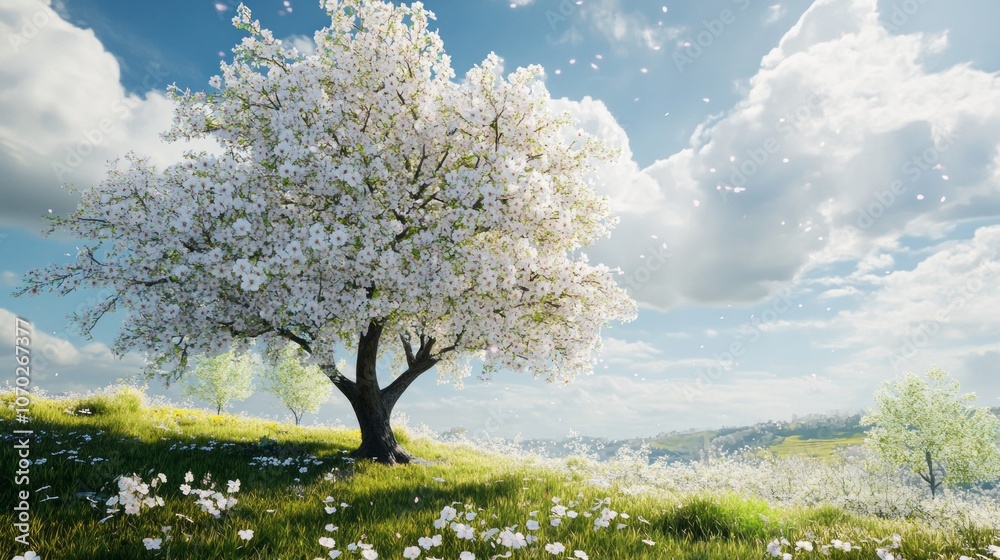 Poster a large white tree stands in a field of grass