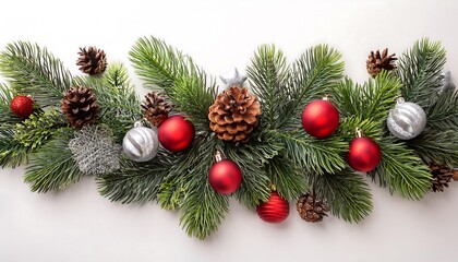 White background with festive green garland decorated with red ornaments and silver pine nuts.