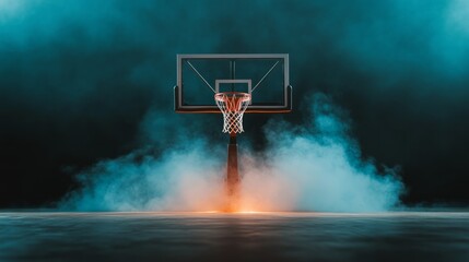 basketball court with a lit hoop surrounded by dramatic blue smoke