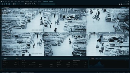 Multi-angle CCTV Footage Monitors Grocery Store. Surveillance System: Secure Shoppers Buying Products with Convenience. Advanced Security Technology Tracks Customer Throughout the Retail Environment. - Powered by Adobe