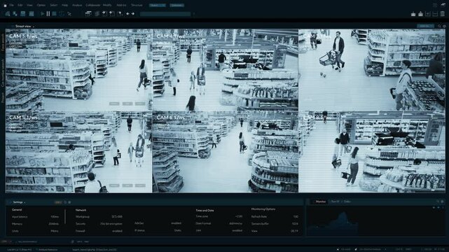 Multi-angle CCTV Footage Monitors Grocery Store. Surveillance System: Secure Shoppers Buying Products with Convenience. Advanced Security Technology Tracks Customer Throughout the Retail Environment.