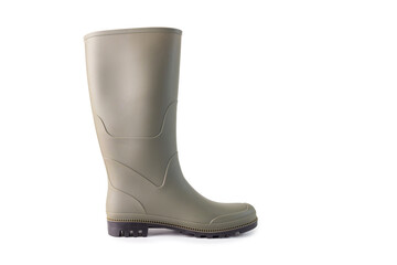 a single, tall rubber boot, commonly known as a rain boot, olive green in color and has a textured sole for better grip. The design is simple and functional, with a smooth surface minimal decorative