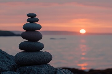 Stones standing on top of each other against a sunset background