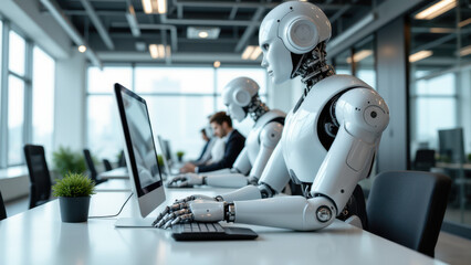 Bots working together in a modern office setting, reflecting future collaboration between technology and human roles.