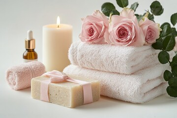 Soft towels, delicate roses, and handmade soap arranged for a calming spa experience