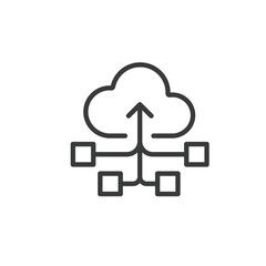 Data goes to cloud, icon in line design. Data, cloud, upload, storage, cloud-computing, server, sync on white background vector. Data goes to cloud editable stroke icon