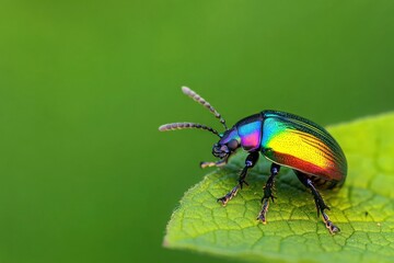 A vibrant, rainbow-colored beetle perched delicately on a green leaf, showcasing its intricate details and striking patterns.