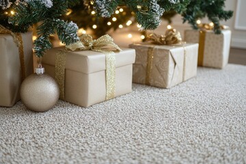 A heartshaped ring is beside a pile of Christmas presents