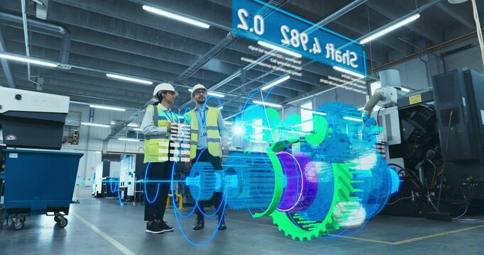 Engineers Use Augmented Reality to Visualize 3D Engine Turbine Concept in Factory Setting. Holographic Display Shows VFX Mechanical Components, Design and Analysis Processes for Industrial Innovation.