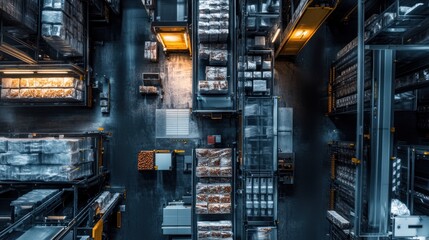 Aerial panorama of a frozen food processing line, where machinery in the top section packages frozen meals