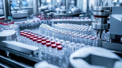Obraz premium Aerial panorama of a pharmaceutical production floor, with assembly-line machinery at the top section carefully handling syringes