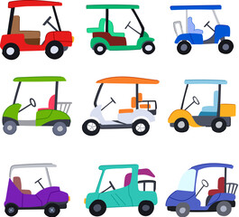 Fototapeta premium golf cart set cartoon. club course, speed battery, turf green golf cart sign. isolated symbol vector illustration