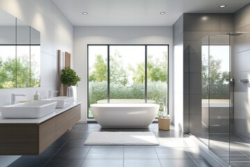 Fototapeta premium A bathroom that includes a tub, sink, mirror, and a window is present
