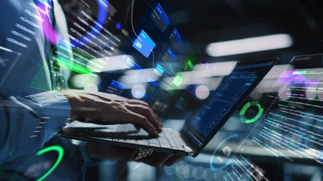 Businessman Interacts With Data Visualization on Laptop. Holographic Charts, Graphs, and Code Surround the Device, Advanced Technology and Data Analysis. Flow of Big Data, Growth and Productivity