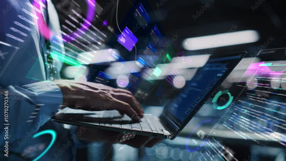 Aufkleber businessman interacts with data visualization on laptop. holographic charts, graphs, and code surrou