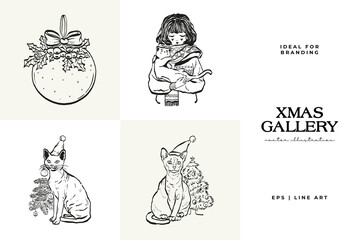 Merry Christmas and Happy New Year illustration, for greeting cards, posters, holiday covers. Xmas festive linocut black hand drawn.