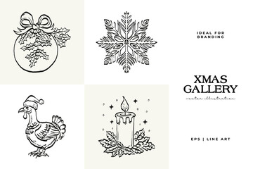 Merry Christmas and Happy New Year illustration, for greeting cards, posters, holiday covers. Xmas festive linocut black hand drawn.