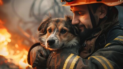 Heroic firefighter rescues a frightened dog amidst a blazing wildfire in a dramatic rescue operation during a challenging afternoon