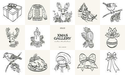 Merry Christmas and Happy New Year illustration, for greeting cards, posters, holiday covers. Xmas festive linocut black hand drawn.