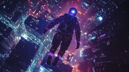 Aerial photo capturing a solo night-time skydiver illuminated by small, colorful LED lights on their suit, with a cityscape glowing below