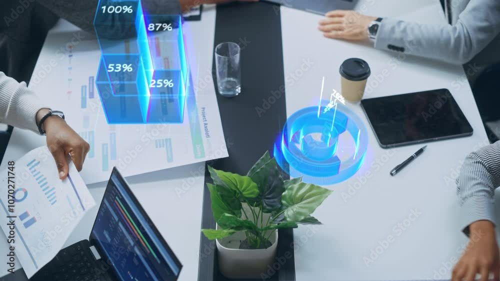 Poster Top View of a Business Meeting With Interactive Holographic Data Visualizations. Professionals Analyze Charts, Graphs, and Percentages Projected. AI Technology in Modern Corporate Revenue Growth