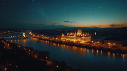Budapest Parliament Building Illuminated at Night
