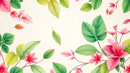 A Delicate Arrangement of Pale Pink Flowers and Lush Green Foliage on a White Background