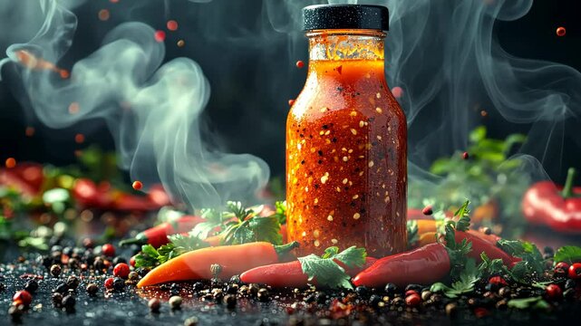 Smoke surrounding spicy condiment bottle