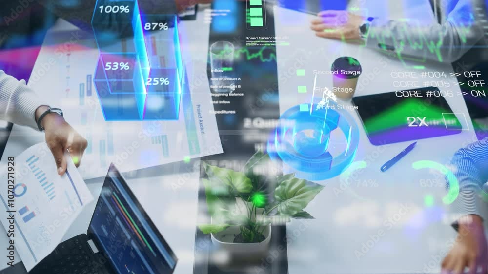 Poster top down smart meeting: ai-enhanced data analytics dashboard, real-time holographic business intelli