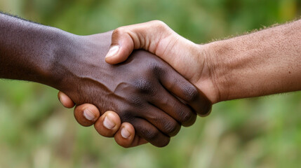 Colleagues sharing a firm handshake outdoors to celebrate a successful project collaboration in the afternoon sunlight
