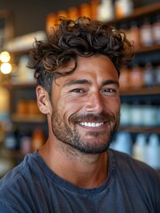 Fototapeta premium A cheerful man with curly hair and stubble smiles warmly in a modern shop. His casual style and friendly expression convey a sense of positivity and approachability