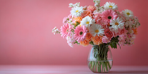 Fototapeta premium Colourful arrangement of garden flowers in glass vase