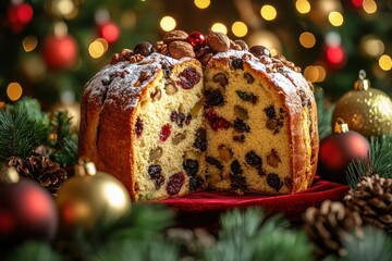 A festive fruitcake decorated with nuts and dried fruits placed on a red velvet cloth with a...