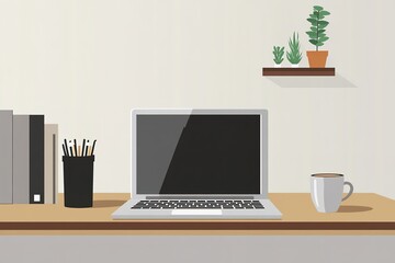 Fototapeta premium Workplace setup with laptop, coffee mug, and plant on shelf