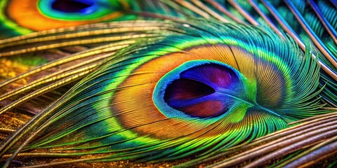 Obraz premium High-resolution AI art, vibrant peacock feather, macro view.