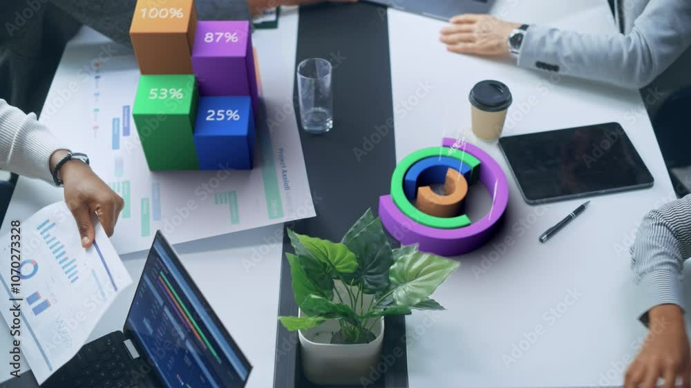 Poster Top Down Smart Meeting: AI-Enhanced Data Analytics Dashboard, Real-Time Holographic Business Intelligence, Machine Learning Projections, Digital Transformation Strategy, Augmented Boardroom Technology