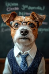 Jack russel terrier dog wearing glasses a white polo shirt a tie and a blue V-jumper, writing on chalkboard bakcground, cute