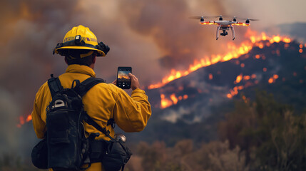 Naklejka premium Firefighter Controls Drone During Wildfire. Firefighter uses a handheld device to operate a drone while monitoring an escalating wildfire, surrounded by smoke and fire.