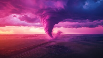 Aerial view of a large tornado dissipating in a field at dusk, with the fading funnel cloud and purple storm clouds in the background.