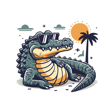Crocodile or alligator in sunglasses cartoon character. isolated vector illustration