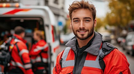 Fototapeta premium Emergency Responder Ready for Medical Support. Paramedic in uniform smiles in front of an ambulance, highlighting readiness and professional care in emergency response scenarios.